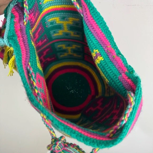 Authentic Wayuu boho bucket Crossbody bag hand woven cotton Multicolor - Picture 5 of 11